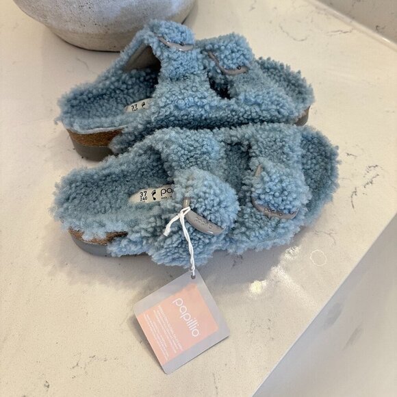 BIRKENSTOCK Arizona Big Buckle Genuine Shearling Slide Sandal in Faded Aqua - Picture 4 of 8